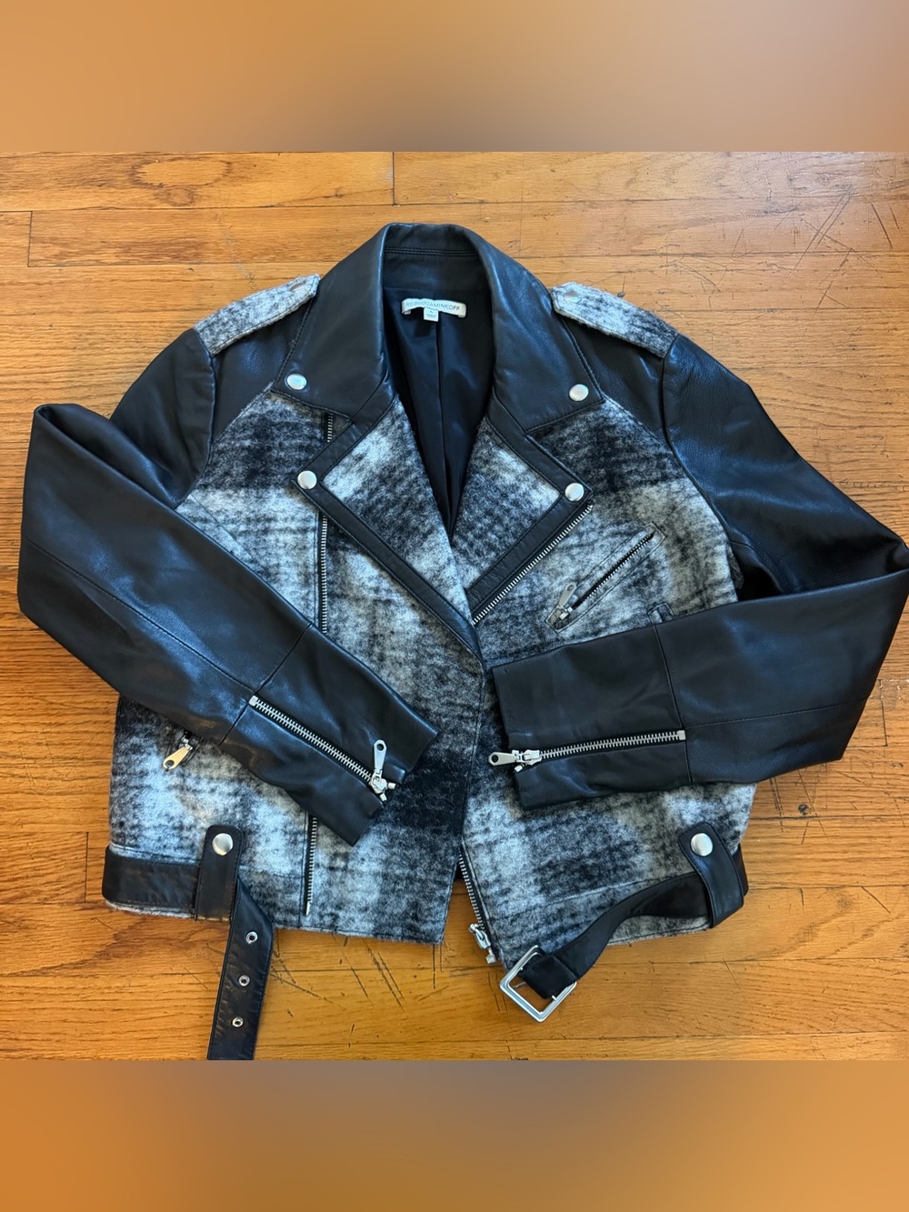 Rebecca Minkoff Mitchell Plaid Wool & Leather Moto Jacket - Picture 4 of 8